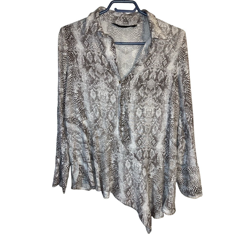Zara Asymmetrical Blouse Bell Sleeve Womens Medium Snakeskin Pattern Grey White